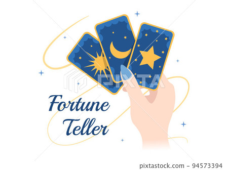 Fortune Teller Template Hand Drawn Cartoon Flat Illustration with Crystal Ball, Magic Book or Cards for Predicts Fate and Telling the Future Concept 94573394