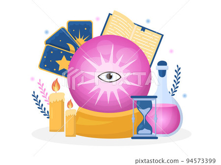 Fortune Teller Template Hand Drawn Cartoon Flat Illustration with Crystal Ball, Magic Book or Cards for Predicts Fate and Telling the Future Concept 94573399