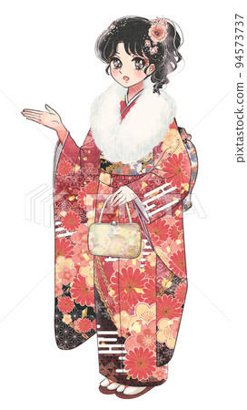 Full-body illustration of a black-haired beautiful woman in a kimono in a retro girl's cartoon style to guide 94573737