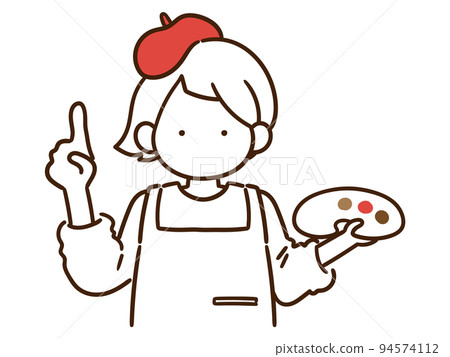 一個畫家女孩拿著調色板指著食指的時尚線條畫插圖 一個畫家女孩拿著調色板指著食指的時尚線條畫插圖 94574112