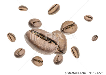 Coffee beans falling background. Black espresso coffee bean flying. Aromatic grain fall isolated on white. Represent breakfast for energy and freshness concept. 94574225