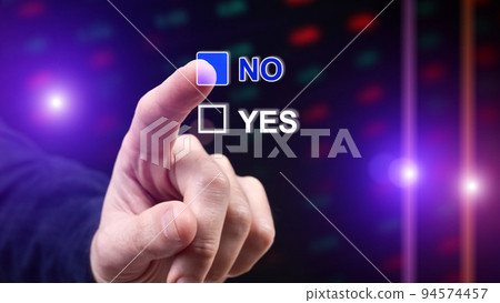 Man selects answer NO on digital display with finger as a choice concept 94574457