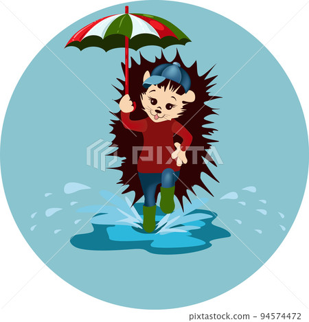 Vector image of a hedgehog with an umbrella in his hand. From a series of illustrations with a hedgehog Vector image of a hedgehog with an umbrella in his hand. From a series of illustrations with a hedgehog 94574472