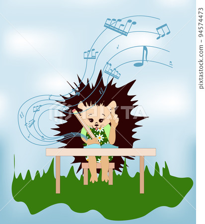 Vector image of a hedgehog at the table. Series of pictures Vector image of a hedgehog at the table. Series of pictures 94574473
