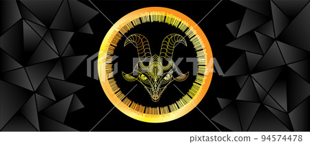Big horned beast. Goat. Geometric interpretation. Background image of a goat in gold on a black background. Vector 94574478
