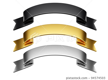 3d label ribbons set. Glossy black, gold, silver blank plastic banner for advertisment, promo and decoration elements. High quality isolated render 3d label ribbons set. Glossy black, gold, silver blank plastic banner for advertisment, promo and decoration elements. High quality isolated render 94574503