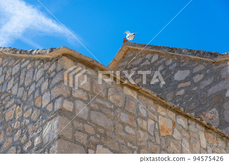 Seagull standing on top of the roof of a stone house Seagull standing on top of the roof of a stone house 94575426