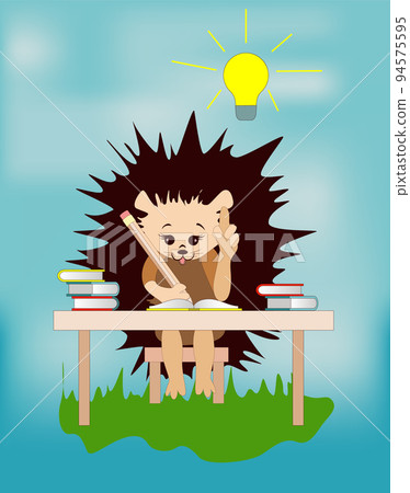 Vector image of a hedgehog at the table. Series of pictures Vector image of a hedgehog at the table. Series of pictures 94575595