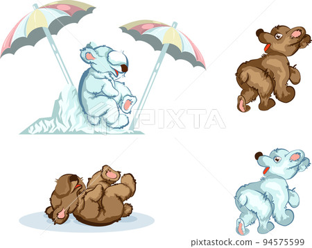 Vector image of a bear sitting on an ice block on a Sunny day and hiding under an umbrella 94575599