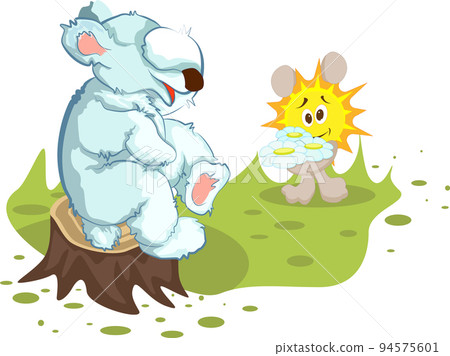 Vector image of a bear and a Sunny Bunny with a bouquet of wild flowers of three daisies 94575601