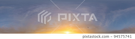 Bright sunset sky panorama with Cirrus clouds. Hdr seamless spherical equirectangular 360 panorama. Sky dome or zenith for 3D visualization, game and sky replacement for aerial drone 360 panoramas. 94575741