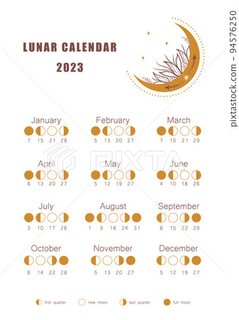 Moon calendar 2023 year. Lunar phases shedule template. Boho astrological poster. Vintage vector illustration 94576250
