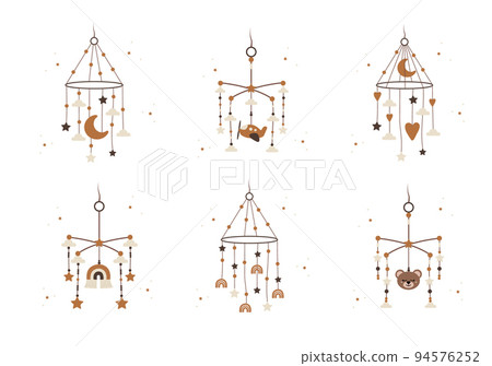 Boho baby mobile collection. Hand drawn scandinavian hanging toys for newborn isolated on white background. Vector illustration in flat cartoon style 94576252