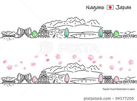 A set of simple line drawings of the streets of sightseeing spots in Nagano Prefecture in spring (Senjojiki Curl) A set of simple line drawings of the streets of sightseeing spots in Nagano Prefecture in spring (Senjojiki Curl) 94577209