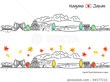 秋季長野縣觀光景點街道的一組簡單線條圖（Senjojiki Curl） 94577210