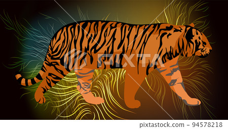 Vector background abstract image in trendy black color with multi-colored luminous elements and incredible gradients of wavy lines and the image of a tiger Vector background abstract image in trendy black color with multi-colored luminous elements and incredible gradients of wavy lines and the image of a tiger 94578218