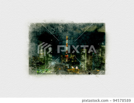 Night view of Tokyo Tower and tower apartments in Shibaura, Minato-ku, Tokyo, illumination of Tokyo Bay seen from Toyosu 94578589