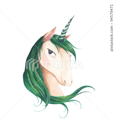 Unicorn head for children design. Cute fantasy animal. Watercolor illustration. Unicorn head for children design. Cute fantasy animal. Watercolor illustration. 94579471