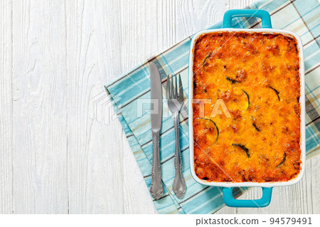 tasty Polenta Ground beef Casserole in baking dish 94579491