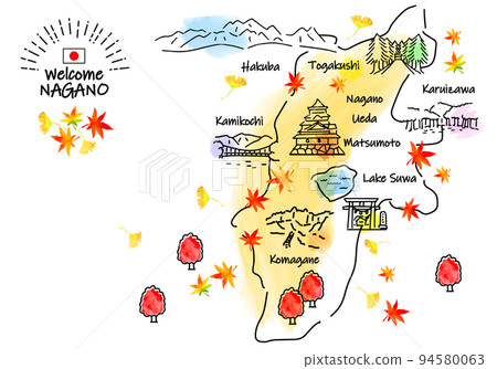 Simple line drawing illustration map of sightseeing spots in Nagano Prefecture in autumn 94580063