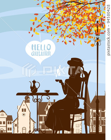 Autumn street cafe, girl on the chair, fall mood. Cup, chair, table, kettle retro style banner vector illustration 94580428