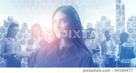Creative image of silhouettes of businesspeople standing together on abstract background 94580477
