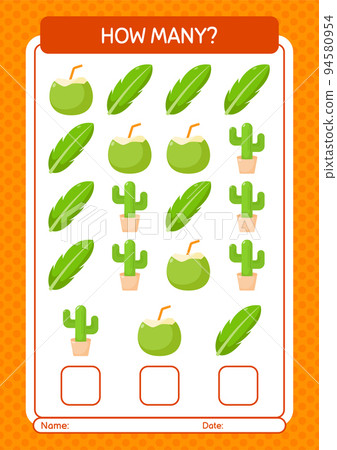 How many counting game with summer icon. worksheet for preschool kids, kids activity sheet 94580954