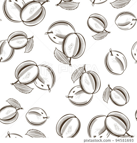 Black and white seamless pattern with plums in vintage style Black and white seamless pattern with plums in vintage style 94581693