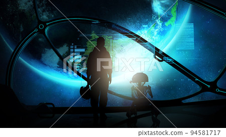 Astronaut and droid at the porthole of a ship in orbit of the earth. 94581717