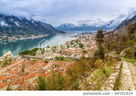 Townscape of Kotor, Montenegro and Kotor Bay seen from the hill 94582814