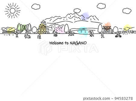 長野縣觀光景點的街道和人的簡單線條畫插圖 94583278