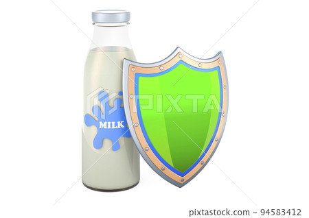 Milk bottle with shield, 3D rendering Milk bottle with shield, 3D rendering 94583412