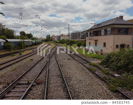 Aerial view of colorful freight trains on the railway station.  94583745