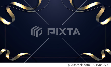 Abstract 3D elegant golden ribbon wave curved lines with gold frame and lighting effect on dark blue background 94584073