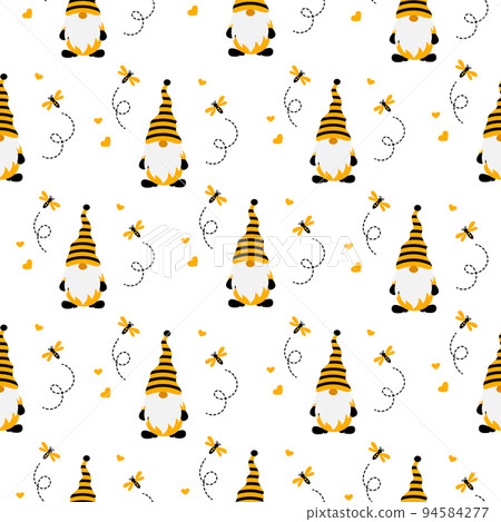 Cute garden gnomes and bees on white background. Seamless pattern with honey bees for fabric, wrap paper or kids apparel 94584277