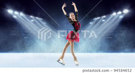 Grace. Little felae figure skater wearing beautiful dress performing short program over ice arena background. Dance, winter sports, achievements, champion concept 94584652