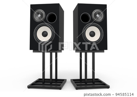 Hi-fi speakers with loudspeakers on stand on white background. Hi-fi speakers with loudspeakers on stand on white background. 94585114