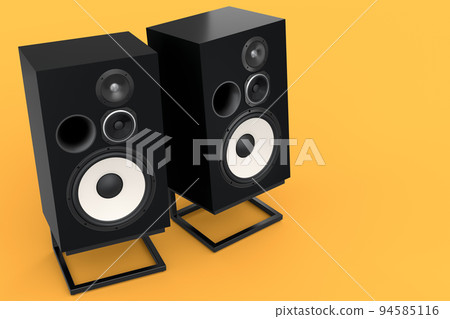 Hi-fi speakers with loudspeakers on stand on yellow background. 94585116