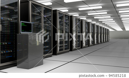 Server room. Server data center. Backup, mining, hosting, mainframe, farm and computer rack with storage information. 3d rendering 94585218