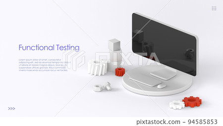 Functional testing isometric landing page. Methodology of programming, search errors and bugs in software, website platform development, dashboard usability optimization for computer Functional testing isometric landing page. Methodology of programming, search errors and bugs in software, website platform development, dashboard usability optimization for computer 94585853