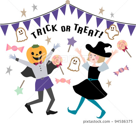 孩子們很高興在萬聖節化妝舞會上收到糖果 孩子們很高興在萬聖節化妝舞會上收到糖果 94586375