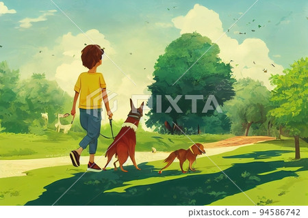 Walking dog in park. Summer outdoor walk, pet and 94586742