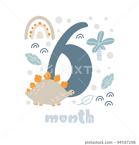 6 six months Baby boy anniversary card metrics. Baby shower print with cute animal dino, flowers and palm capturing all special moments. Baby milestone card for newborn 94587206