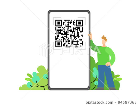 Character holding smartphone with qr code on screen- sanitary pass concept 94587365