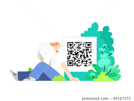 Sitting character with smartphone and qr code in background Sitting character with smartphone and qr code in background 94587372