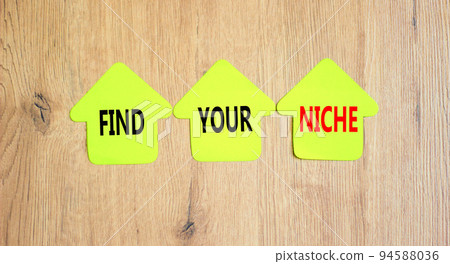 Find your niche symbol. Concept words Find your niche on green papers on wooden clothespins. Beautiful wooden background. Business and find your niche concept. Copy space. 94588036