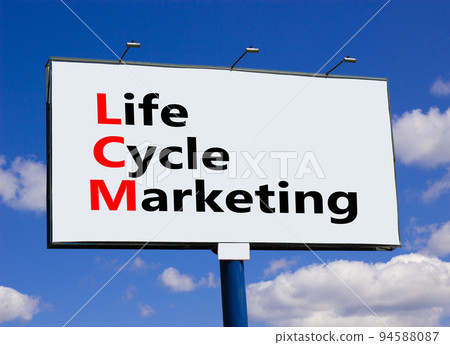 LCM lifecycle marketing symbol. Concept words LCM lifecycle marketing on white billboard against blue sky and clouds. Beautiful background. Business and LCM lifecycle marketing concept. Copy space. 94588087