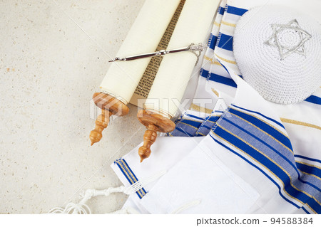 Simchat Torah. Jewish prayer book with torah scroll, prayer shawl tallit Orthodox religious symbols. Simchat Torah. Jewish prayer book with torah scroll, prayer shawl tallit Orthodox religious symbols. 94588384