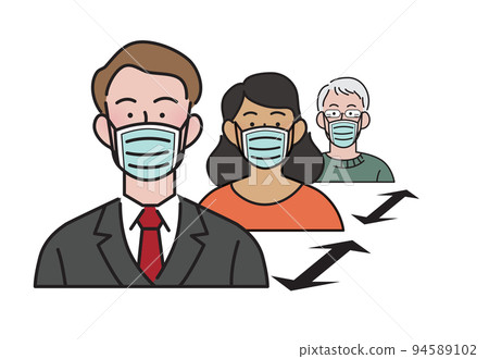 Isolated flat vector for covid preventive measures. Physical or social distancing group of persons wearing surgical masks with a distance arrow between them.Keep your distance icon, keeping distance. Isolated flat vector for covid preventive measures. Physical or social distancing group of persons wearing surgical masks with a distance arrow between them.Keep your distance icon, keeping distance. 94589102