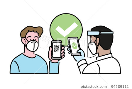 Digital sanitary covid pass check- Man wearing FFP2 KN95 mask showing smartphone screen 94589111